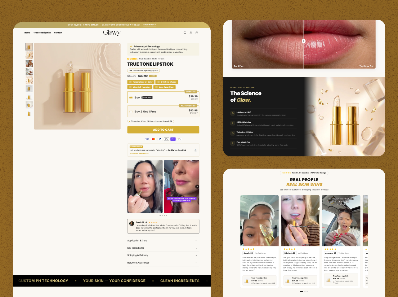 A sleek, modern beauty storefront focused on visual appeal and seamless checkout